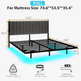 JUISSANO Floating Full Bed Frame with LED Lights & Charging Station,Metal Platform Bed Frame Full Size with Upholstered Headboard,No Box Spring Needed,Heavy Duty Steel Slats,Easy to Assemble No Noise JUISSANO
