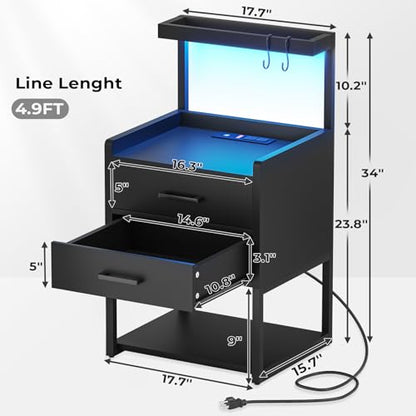 AOGLLATI LED Nightstand Set of 2 with Charging Station, 2 Drawers Night Stand with LED Lights for Bedroom, 2 USB Ports, 2 Power Outlets, Bed Side Table with Storage Shelves - WoodArtSupply