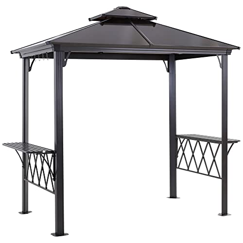 Outsunny 9' x 5' Grill Gazebo, Hardtop BBQ Gazebo Canopy with 2-Tier Polycarbonate Roof, Shelves Serving Tables and Hooks, for Backyard Patio Lawn - WoodArtSupply