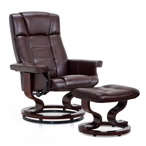 MCombo Manual Swivel Recliner with Ottoman, Chair Ottoman Set for RV Small Spaces, Living Room, Bedroom, Office 9019 4919 (Faux Leather, Dark Brown)