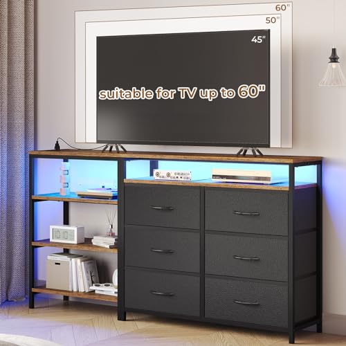 BTHFST TV Stand Dresser Bedroom for 60 Inch TV with LED Lights & Charging Station, Changable L Shape Corner TV Stand, 6 PU Drawers, 3 Open Shelves Entertainment Center (Rustic Brown and Black)