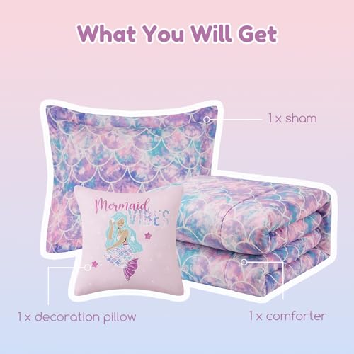 Wink Deer Twin Comforter Set for Girls-3 Pieces Mermaid Glow in the Dark Twin Bedding Sets for Kids,1 Comforter,1 Sham and 1 Decor Pillow Wink Deer