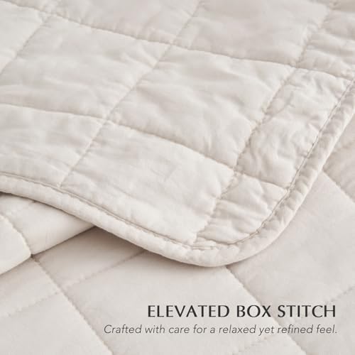 EVERGRACEHOME 100% Cotton Box Stitch Quilt Bedding Set Queen Size 3 Pieces, Garment-Washed Lightweight Soft Cozy Coverlet, Quilted Bedspread Sets with 2 Shams for All Season, Birch EVERGRACEHOME