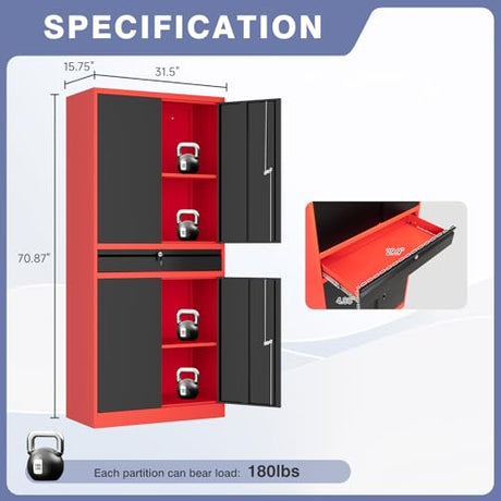 LISSIMO Metal Garage Storage Cabinet with Locking Doors and Drawer, 71" Steel Tool Storage Cabinet with Adjustable Shelves for Garage,Office,Warehouse (Red Black) LISSIMO