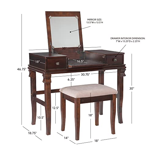 Linon Angela Walnut Vanity Set,30" x 36" x 18" - WoodArtSupply