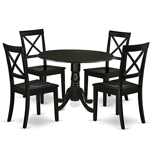 East West Furniture DLBO5-BLK-W 5 Piece Dinette Set for 4 Includes a Round Dining Room Table with Dropleaf and 4 Kitchen Dining Chairs, 42x42 Inch, Black East West Furniture