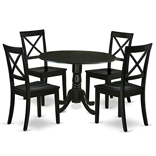 East West Furniture DLBO5-BLK-W 5 Piece Dinette Set for 4 Includes a Round Dining Room Table with Dropleaf and 4 Kitchen Dining Chairs, 42x42 Inch, Black - WoodArtSupply