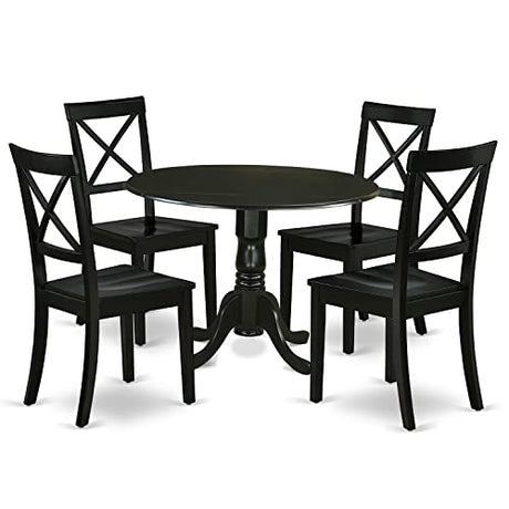 East West Furniture DLBO5-BLK-W 5 Piece Dinette Set for 4 Includes a Round Dining Room Table with Dropleaf and 4 Kitchen Dining Chairs, 42x42 Inch, Black East West Furniture