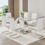 Ebullient Glass Dining Table Set for 6 ，7 Piece Dining Table Set,Tempered Glass Table Top，White Modern Dining Room Table with 6 PU Leather Ergonomic Dining Chairs Ebullient