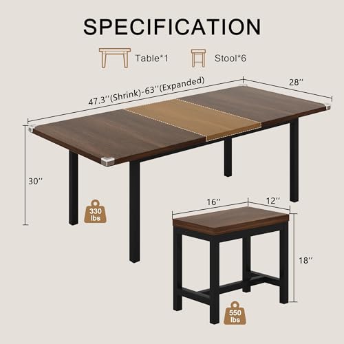 Einhomn 7-Piece Dining Table Set, 63" Extendable Kitchen Room Table with 6 Stools, Mid Century Modern Dinner Table with Metal Frame & MDF Board, Space-Saving, Easy Assembly, Walnut Einhomn