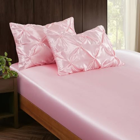 P Pothuiny 3-Piece Set Pintuck Satin Pillowcases & Queen Fitted Sheet, Blush Pink Satin Sheet Silky Soft Luxury Romantic Pinch Pleated Bedding Bedroom Dorm Decor, 15 Inch Deep Pocket P Pothuiny