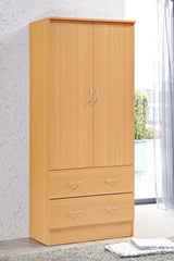 HODEDAH 2 Door Wood Wardrobe Bedroom Closet with Clothing Rod inside Cabinet and 2 Drawers for Storage, Beech Hodedah