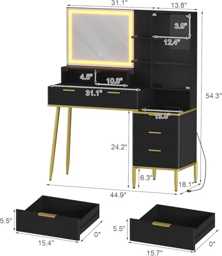 GlowSol Fluted Vanity Desk with Mirror and Lights, Makeup Vanity Desk with HD Mirror, 3 Color Adjustable Lighting, Power Outlet, 5 Drawers & Multi Shelves, Black Dressing Table for Bedroom GlowSol