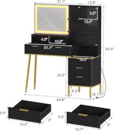 GlowSol Fluted Vanity Desk with Mirror and Lights, Makeup Vanity Desk with HD Mirror, 3 Color Adjustable Lighting, Power Outlet, 5 Drawers & Multi Shelves, Black Dressing Table for Bedroom GlowSol