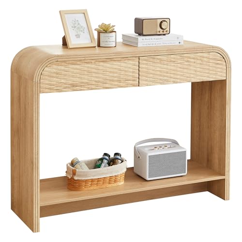 affeivul Curved Console Table Arch with Storage, Narrow Entryway Table with Drawers, 43.3'' Couch Table Behind Sofa Long and Skinny for Living Room TV, Hallway Entrance Foyer, Mid Century Boho Rattan affeivul