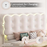 HIFIT Upholstered Full Size LED Bed Frame with Charging Station and Adjustable Crystal Button-Tufted Puffs Headboard, Velvet Princess Floating Platform Bed Frames for Girls, No Box Spring Needed,Beige HIFIT