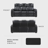 Lexicon Power Double Reclining Sofa, Center Drop-Down Table with Heat/Massage/Headrest/Storage Arms/Cup Holders/LED Lights/Wireless Charging, Top Grain Leather Match Wall Hugger Recliner Sofa, Black