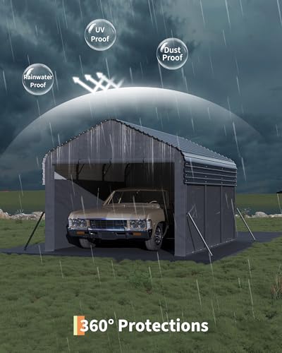 Garvee 10'X15'X9' Metal Carport, Enclosed Car Ports with Heavy Duty Steel Frame and 220 g Tarp, All-Weather Carport, for Sedans, Boats, and Tractors Garvee