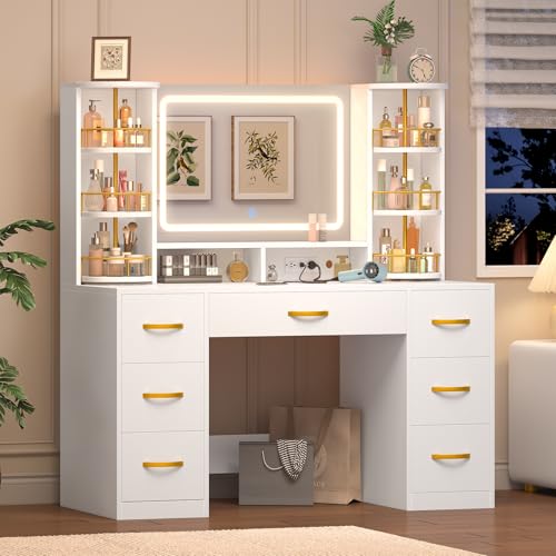 Vanity Desk with Mirror and Lights, White Makeup Vanity Table with 360° Roating Shelves, Large Vanity Desk with 7 Drawers, Power Outlet, Dressing Table Set with Lighted Mirror Adjustable, for Bedroom Aiguazi