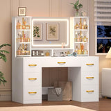 Vanity Desk with Mirror and Lights, White Makeup Vanity Table with 360° Roating Shelves, Large Vanity Desk with 7 Drawers, Power Outlet, Dressing Table Set with Lighted Mirror Adjustable, for Bedroom Aiguazi