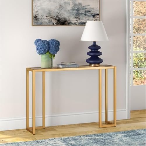 Pemberly Row Art Deco Metal Console Table, Brass Finish, 42 in x 10 in x 29 in, Tempered Glass Top and Shelf, Modern Industrial Style, Entryway or Living Room Accent Table for Home Decor Pemberly Row