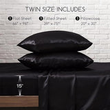 MR&HM Satin Sheets with Elastic Corner Straps, Twin Size 3-Piece Silky Bedding Set, Deep Pocket 15 Inches, Good for Hair & Skin (Twin, Black) MR&HM