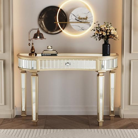 SSLine Mirror Console Table for Living Room 47" Half-Moon Mirrored Entryway Table with Fluted Glass & Crystal Knob Drawer Modern Luxury Gold Silver Mirror Foyer Tables for Hallway Entrance SSLine