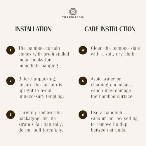 Vietbud Décor Natural Bamboo Beaded Curtains for Doorways, Decorative Room Divider, Natural Vietnamese Craft, Indoor Hanging Bamboo Blinds, Sturdy Hook, Easy to Clean, 35.43 x 78.74 Inches VIETBUD DECOR