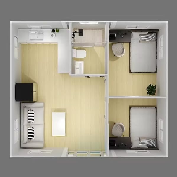 Portable Prefab House 19x20ft - Foldable House with 1 Bathroom, 1 Kitchen, 1 Living Room and 2 bedrooms I Unique Living and Working Experience - WoodArtSupply