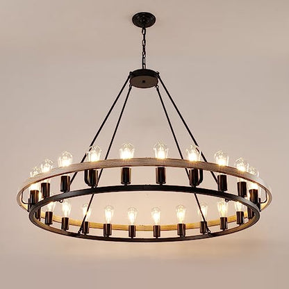 WOGON WEEL Wagon Wheel Chandelier 48-Inch 24-Light, Black and Oak Wood Tone Finish Round Rustic Farmhouse Chandelier Extra Large for High Ceilings, Living Room Foyer