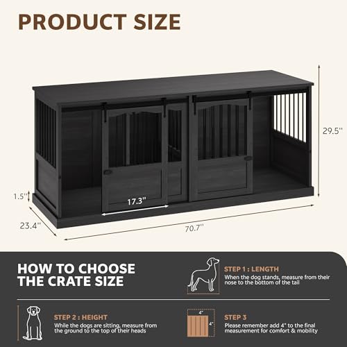 Homiflex 70.86" Double Dog Crate Furniture for 2 Medium Large Dogs Wooden Heavy Duty Dog Kennel Furniture with 2 Sliding Doors and Divider Decorative Dog Cage TV Stand End Table for Indoor Drak Grey Homiflex