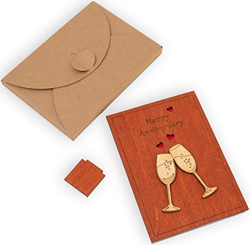 Handmade Wooden Happy Anniversary Card with Holder. Wood Wedding Anniversary Cards for Him, Husband, Her, Wife or Parents, Couple. REYJUK