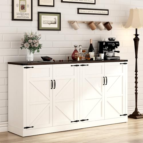 Sideboard Buffet Cabinet with Storage - 65 Inch Farmhouse Kitchen Sideboard Cabinets with Adjustable Shelves, Wooden Coffee Bar Storage Cabinet Buffet Table for Kitchen, Dining Room, White chartustriable
