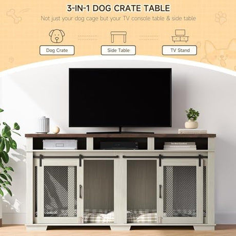 71" Dog Crate Furniture for 2 Dogs Large Double Kennel with Removable Divider, 3 Storage Drawers & Sliding Barn Door, Furniture Style Pet Crate As TV Stand for Living Room ActiveTrail