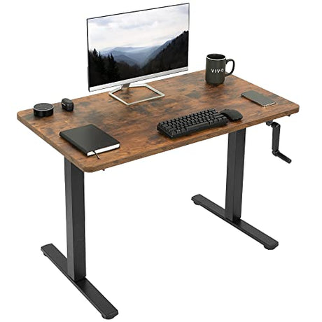 VIVO Manual Height Adjustable 43 x 24 inch Stand Up Desk, Rustic Vintage Brown Solid One-Piece Table Top, Black Frame, Standing Workstation with Foldable Handle, DESK-KIT-MB4N VIVO