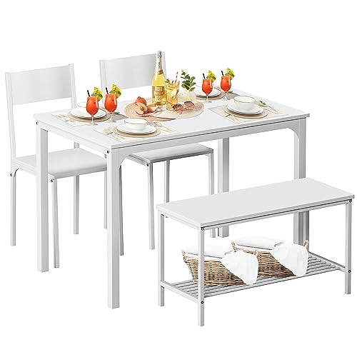 DlandHome 4 Person Dining Table Set, Dining Table with 2 Chairs and 1 Bench,Rectangular Space-Saving Dinner Table with Two Benches for Kitchen DlandHome