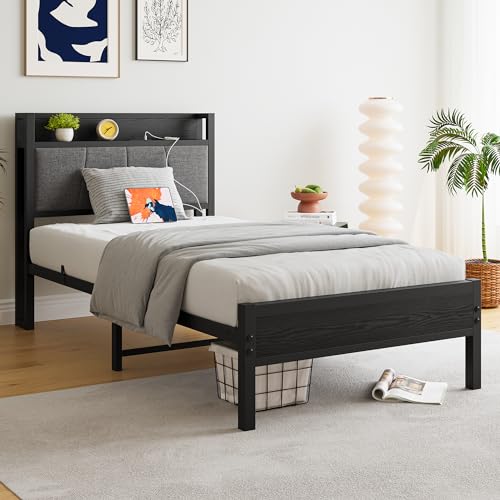 BOFENG Twin Bed Frame with Storage Headboard/USB Charging Station,Heavy Duty Metal Upholstered Single Platform Bed Frame Twin Size No Box Spring Needed,Heavy Duty Metal Slats,Noise Free,Black BOFENG