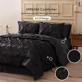 MR&HM Satin Comforter Queen 7 Pieces - Luxurious Pinch Pleat Bedding Set with Comforter, Flat Sheet, Fitted Sheet, Pillowcases & Shams, Super Silky Soft Bed Set for All Season (Queen, Black) MR&HM