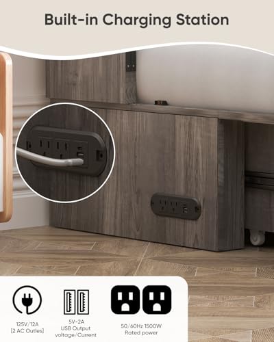 ADOWORE Queen Size Murphy Bed with Large Storage Drawer & Charging Station, Hideaway Full Foldable Platform Bed for Home Office or Guest Bedroom, Living Room,Grey ADOWORE