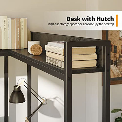 CubiCubi 60" L Shaped Gaming Desk with Hutch and Storage Shelves in Black - WoodArtSupply