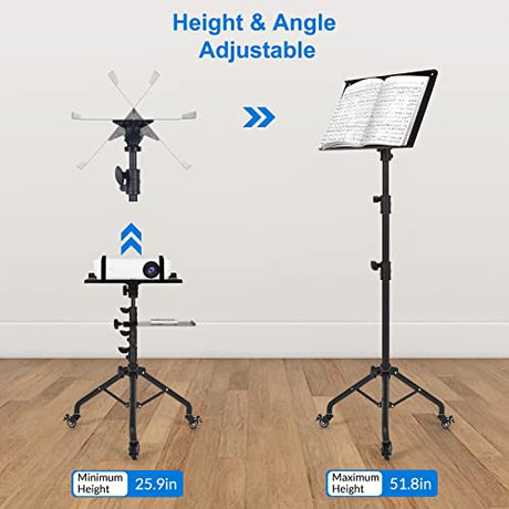 Tossbiss Laptop Tripod on Wheels with 2 Shelves, Portable Projector Floor Stand Adjustable Height 25.9 to 51.8 Inch with Phone Holder Tossbiss