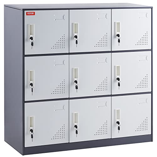 VEVOR Metal Locker for Employees, 9 Doors Storage Cabinet with Card Slot, Gray Steel Employee Lockers with Keys, 66lbs Loading Capacity Office Storage Lockers for Home, School, Office, Gym - WoodArtSupply