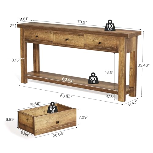 Tribesigns 70.9” Console Table with 3 Drawers, Extra Long Entryway Table for Hallway, Living Room, Narrow Sofa Table Behind Couch with Storage Shelf, Rustic Brown Wood Foyer Furniture Tribesigns