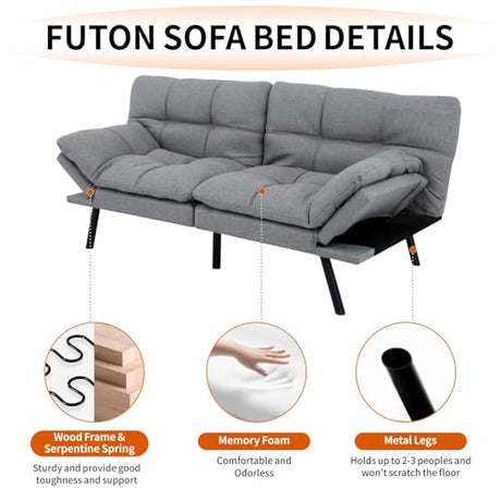 MUUEGM Futon Sofa Bed 71" Ash Convertible Memory Foam Futon Couch Bed Modern Loveseat Sleeper with Adjustable Backrests Armrests for Living Room,Small Space,Office MUUEGM