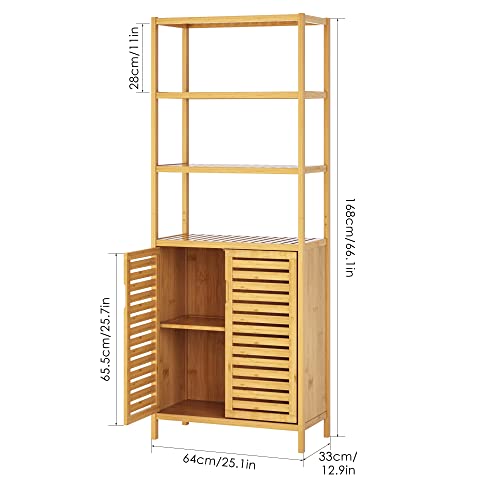 HIFIT Bamboo Tall Storage Cabinet with 2 Doors and 3 Tiers for Bathroom and Home Organisation HIFIT
