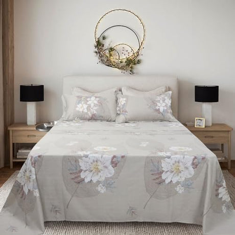 Helthep Vintage Floral Twin XL Size 4Pcs Deep Pocket Bed Sheet Set 100% Cotton Boho Lily Floral Bedding Set 17.5" Deep Pocket Flower Fitted Sheets Khaki Gray Bed Sheets Collection Helthep