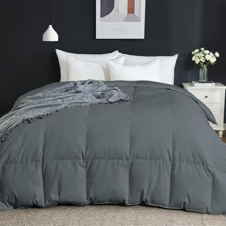 Goose Feather Comforter Queen Size, Duvet Insert All Season Queen, Bed Comforter Quilted Hotel Luxury Fluffy 100% Cotton Blanket with 8 Corner Tabs, 90 x 90 Inch, Grey, Machine Washable Deodar