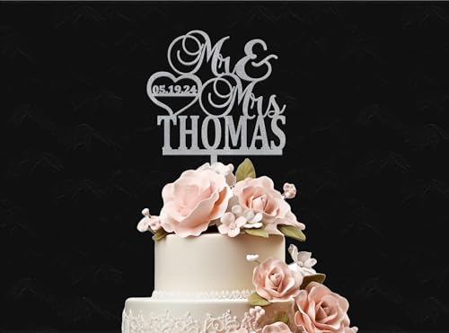 Mr and Mrs Cake Topper for wedding, Last name and date topper, Personalized cake topper, rustic toppers for cake, Wooden Bride & Groom Mr Mrs Heart Customized Wedding topper - WoodArtSupply