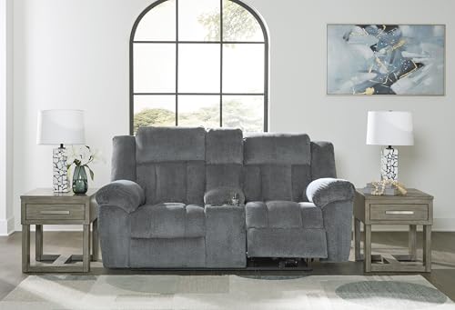 Signature Design by Ashley Tip-Off Modern Wall Hugger Power Reclining Loveseat with Adjustable Headrest, USB Ports, Storage and Cup Holders, Gray Signature Design by Ashley
