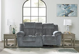 Signature Design by Ashley Tip-Off Modern Wall Hugger Power Reclining Loveseat with Adjustable Headrest, USB Ports, Storage and Cup Holders, Gray Signature Design by Ashley